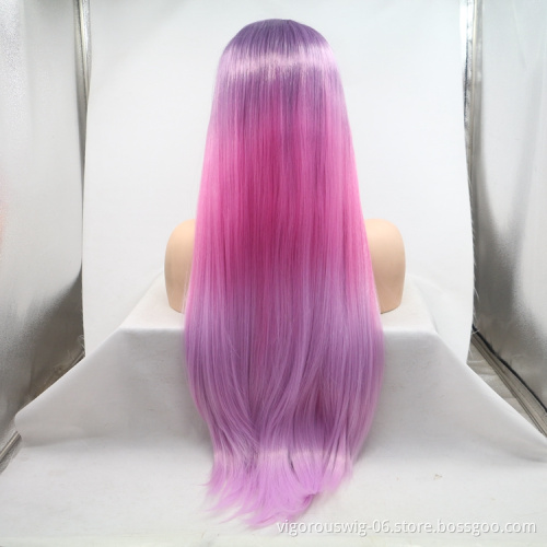 Wholesale high quality long straight cheap heat resistant ombre pink synthetic wig with lace frontal
